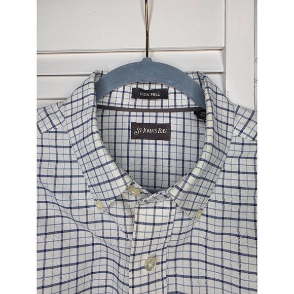 St. Johns Bay Iron-Free Medium Plaid Button-Down Shirt 100% Cotton White & Blue - Picture 15 of 16